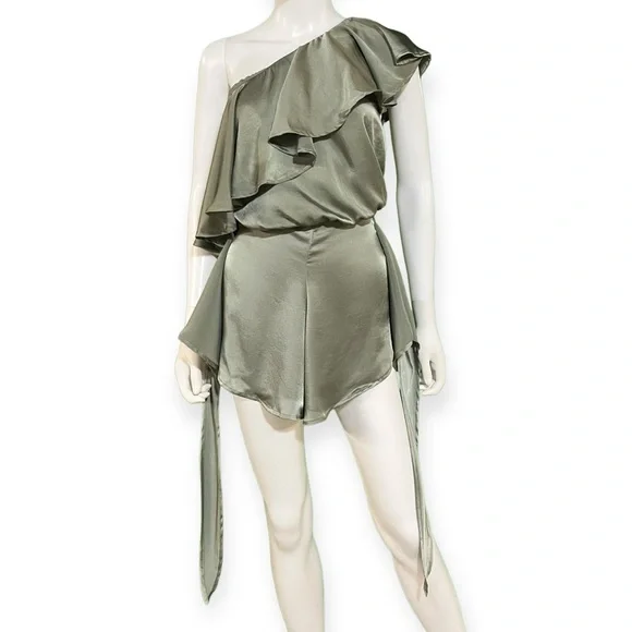 Tru Blu Wrap Star One Shoulder Ruffle ShinyOlive Green Romper in XS